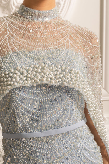 Vestido Glamouroso com Contas e Véu Destacável - Azul