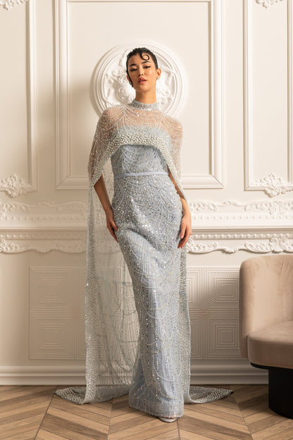 Vestido Glamouroso com Contas e Véu Destacável - Azul