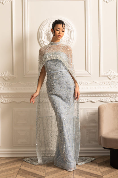 Vestido Glamouroso com Contas e Véu Destacável - Azul