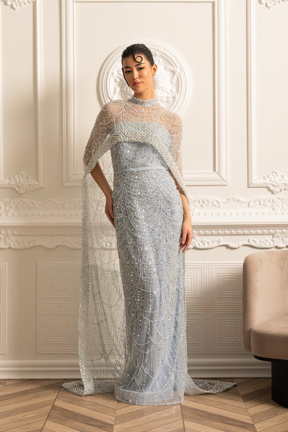 Vestido Glamouroso com Contas e Véu Destacável - Azul
