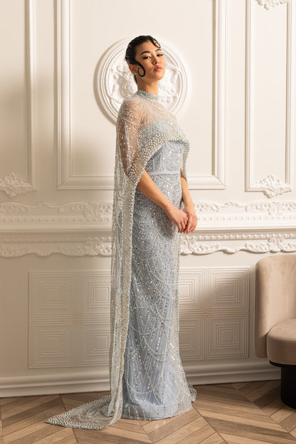 Vestido Glamouroso com Contas e Véu Destacável - Azul