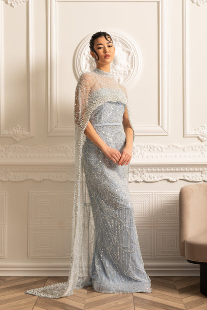 Vestido Glamouroso com Contas e Véu Destacável - Azul