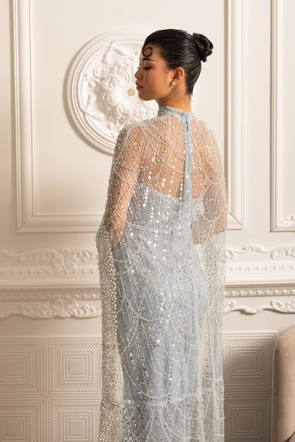 Vestido Glamouroso com Contas e Véu Destacável - Azul