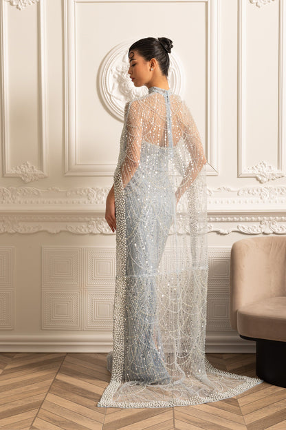 Vestido Glamouroso com Contas e Véu Destacável - Azul