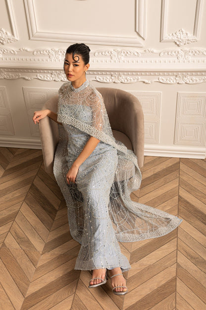 Vestido Glamouroso com Contas e Véu Destacável - Azul