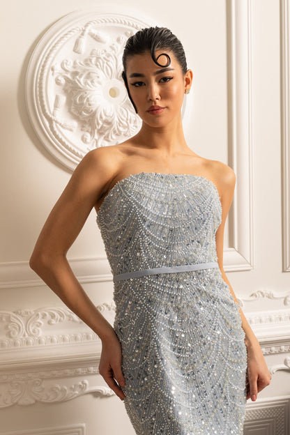 Vestido Glamouroso com Contas e Véu Destacável - Azul