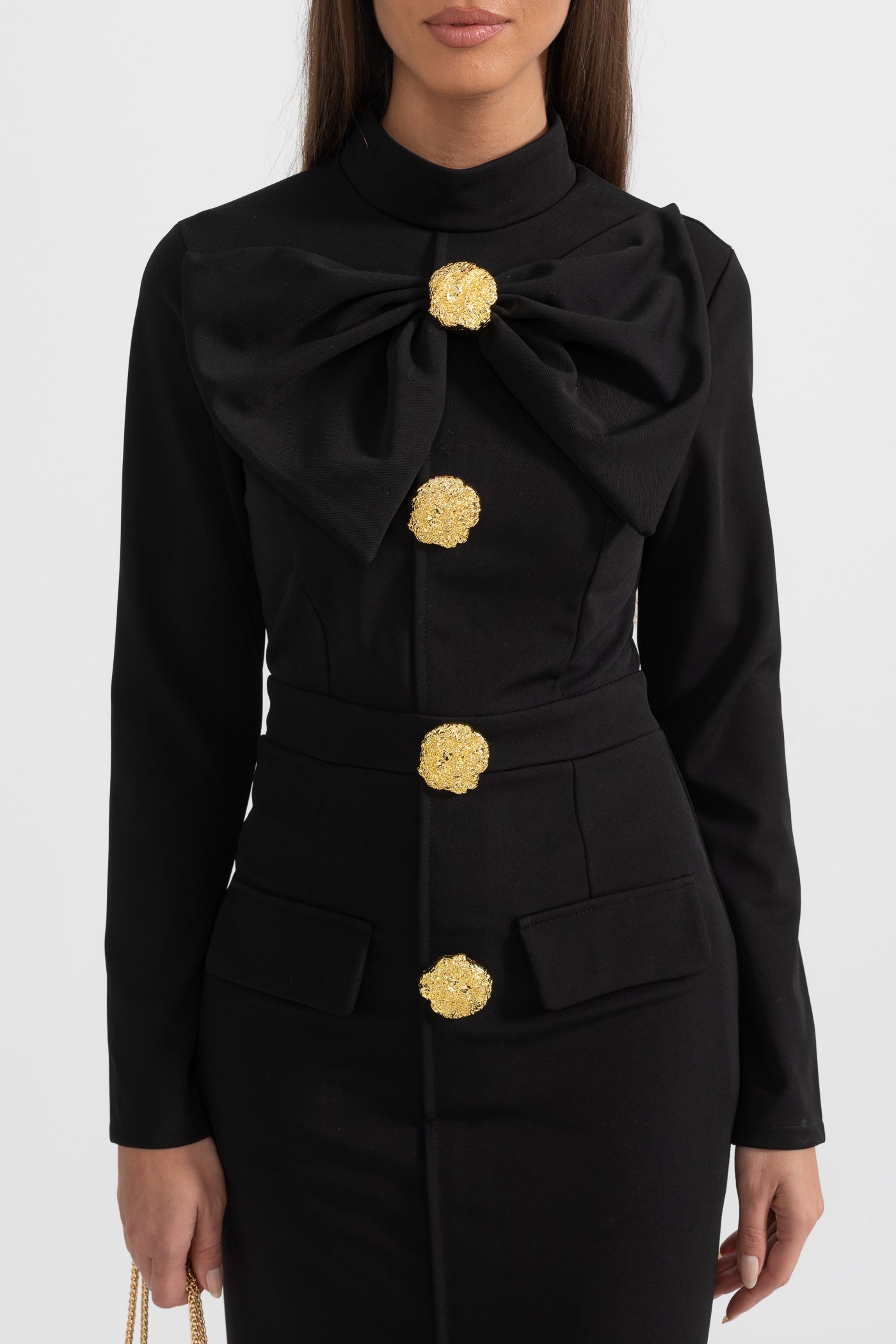 Vestido Elegante com Gola Laço de Manga Longa - Preto