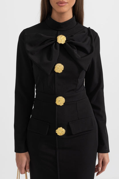 Vestido Elegante com Gola Laço de Manga Longa - Preto