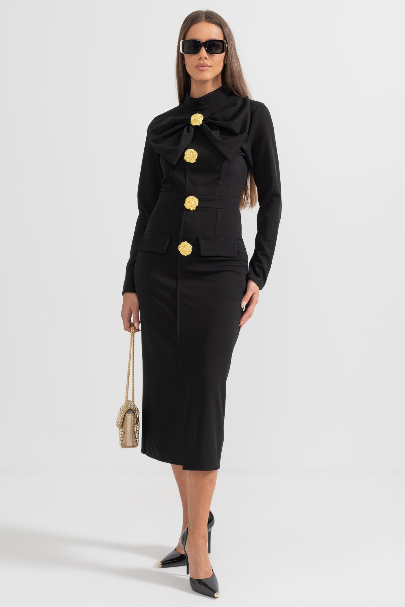Vestido Elegante com Gola Laço de Manga Longa - Preto