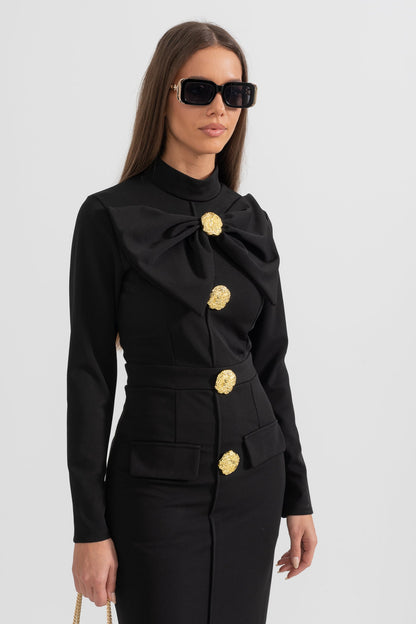 Vestido Elegante com Gola Laço de Manga Longa - Preto