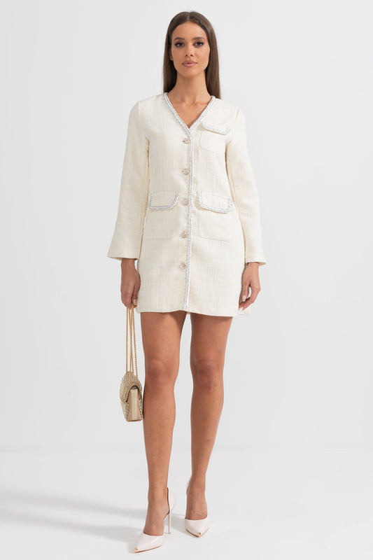 Vestido Moderno com Costura Prateada - Branco