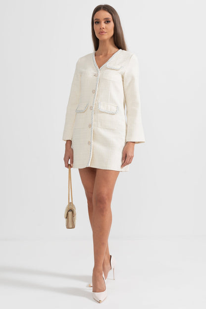 Vestido Moderno com Costura Prateada - Branco
