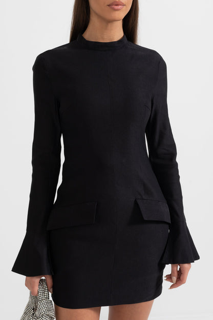 Vestido Elegante Ajustado Com Bolsos Frontal Duplo - Preto