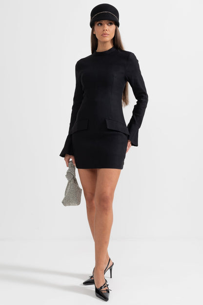 Vestido Elegante Ajustado Com Bolsos Frontal Duplo - Preto