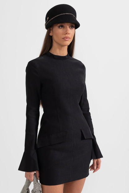 Vestido Elegante Ajustado Com Bolsos Frontal Duplo - Preto