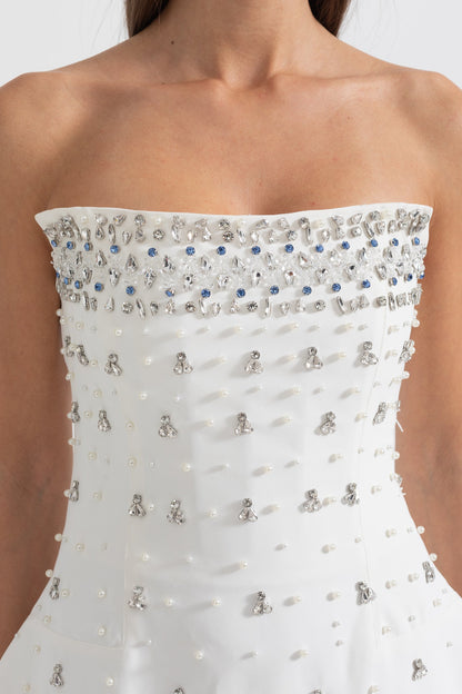 Vestido Mini Sem Mangas com Adornos de Cristal - Branco