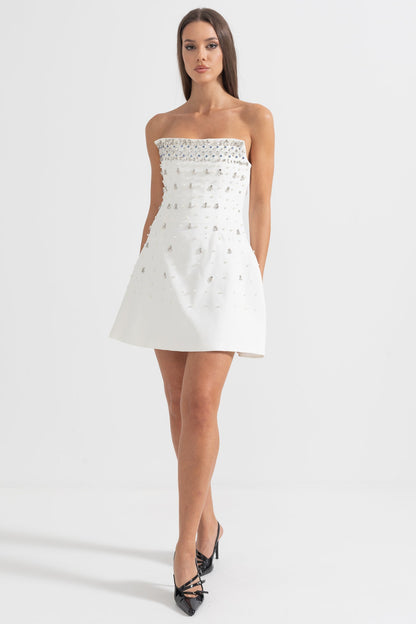 Vestido Mini Sem Mangas com Adornos de Cristal - Branco
