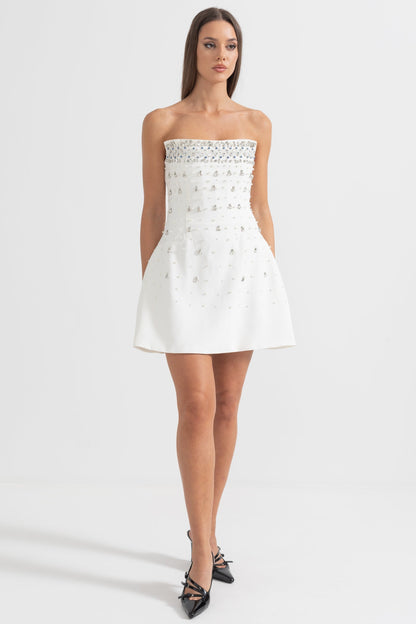 Vestido Mini Sem Mangas com Adornos de Cristal - Branco