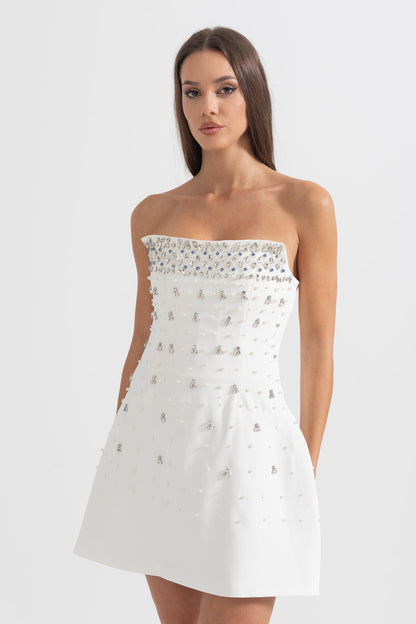 Vestido Mini Sem Mangas com Adornos de Cristal - Branco