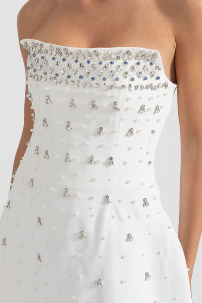 Vestido Mini Sem Mangas com Adornos de Cristal - Branco