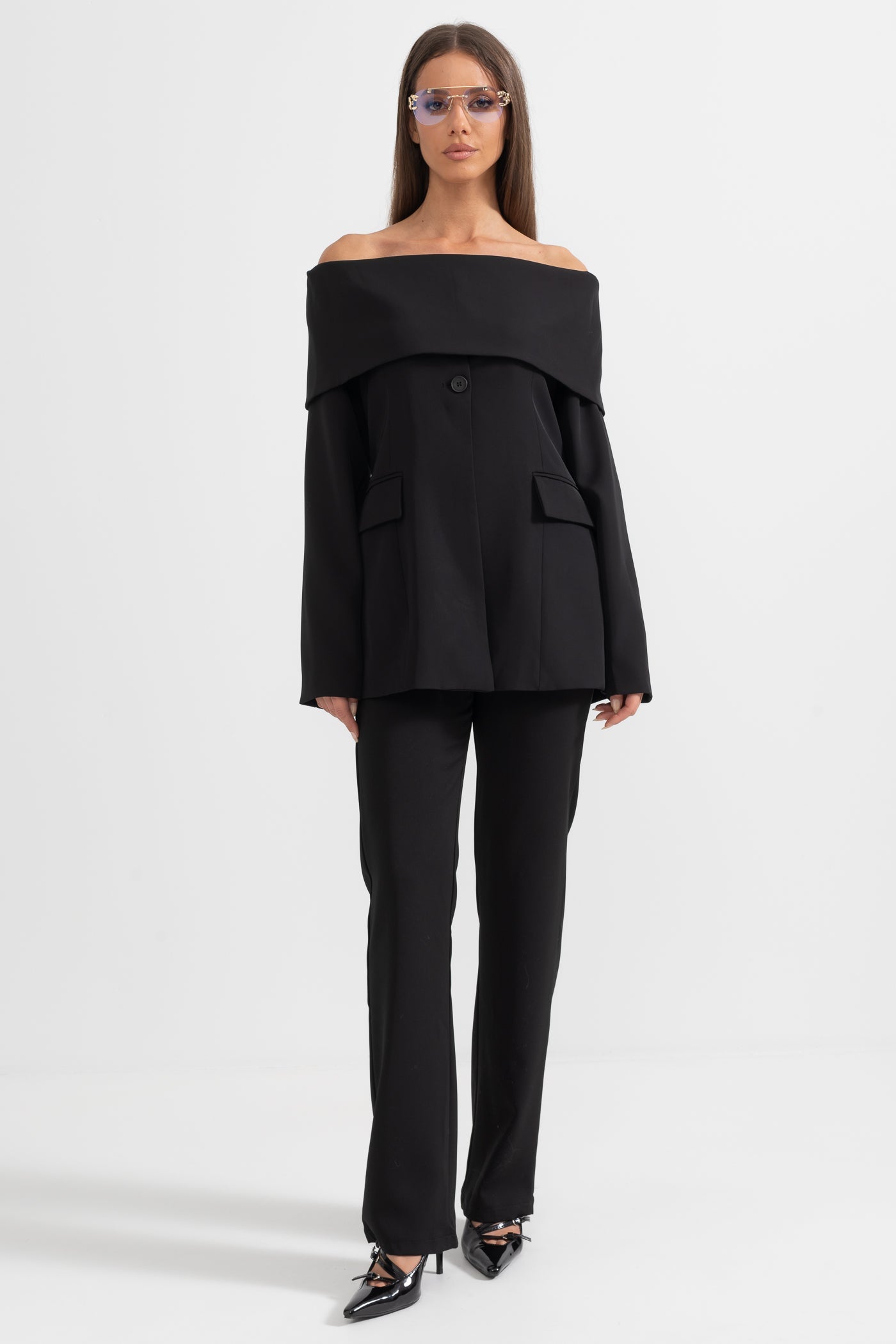 Calças Largas de Cintura Alta - Preto