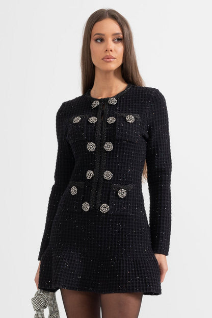 Vestido Tricotado Preto de Manga Longa até ao Joelho