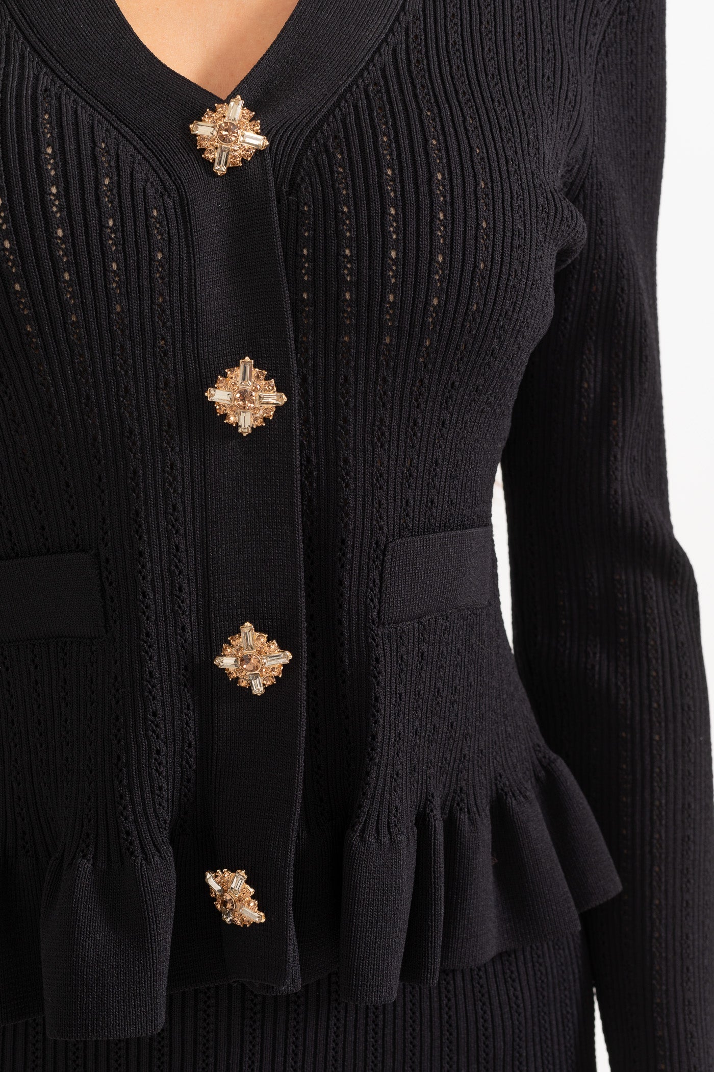 Conjunto de Malha com Casaco Rendido e Saia Larga - Preto