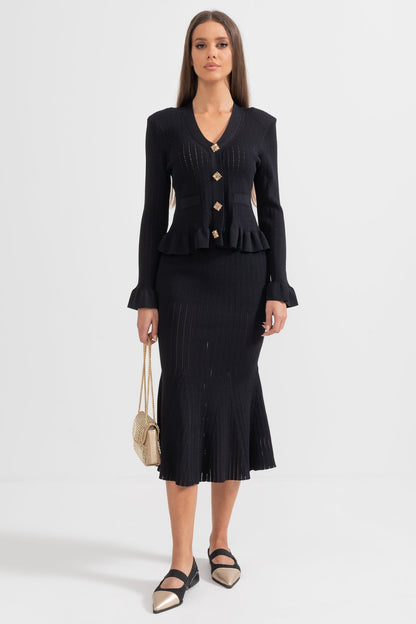 Conjunto de Malha com Casaco Rendido e Saia Larga - Preto