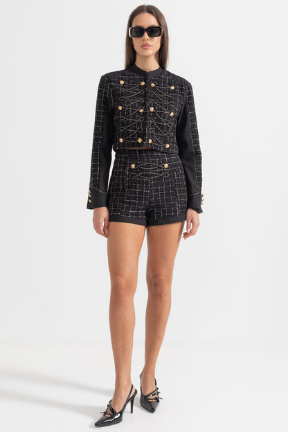 Conjunto de Tweed em Duas Peças com Padrão Quadrado e Detalhes Dourados - Preto