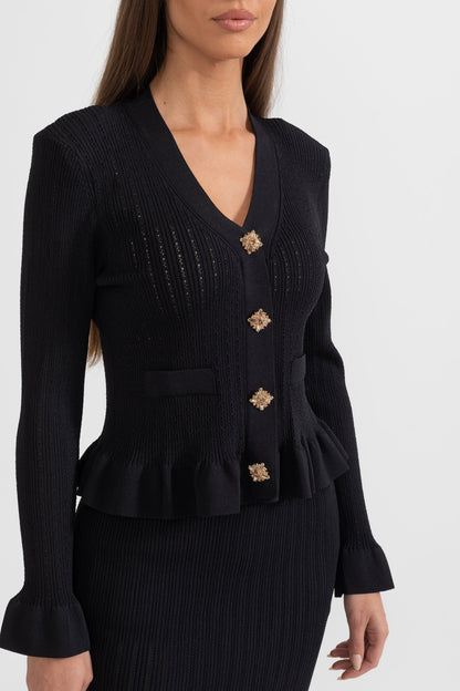 Conjunto de Malha com Casaco Rendido e Saia Larga - Preto