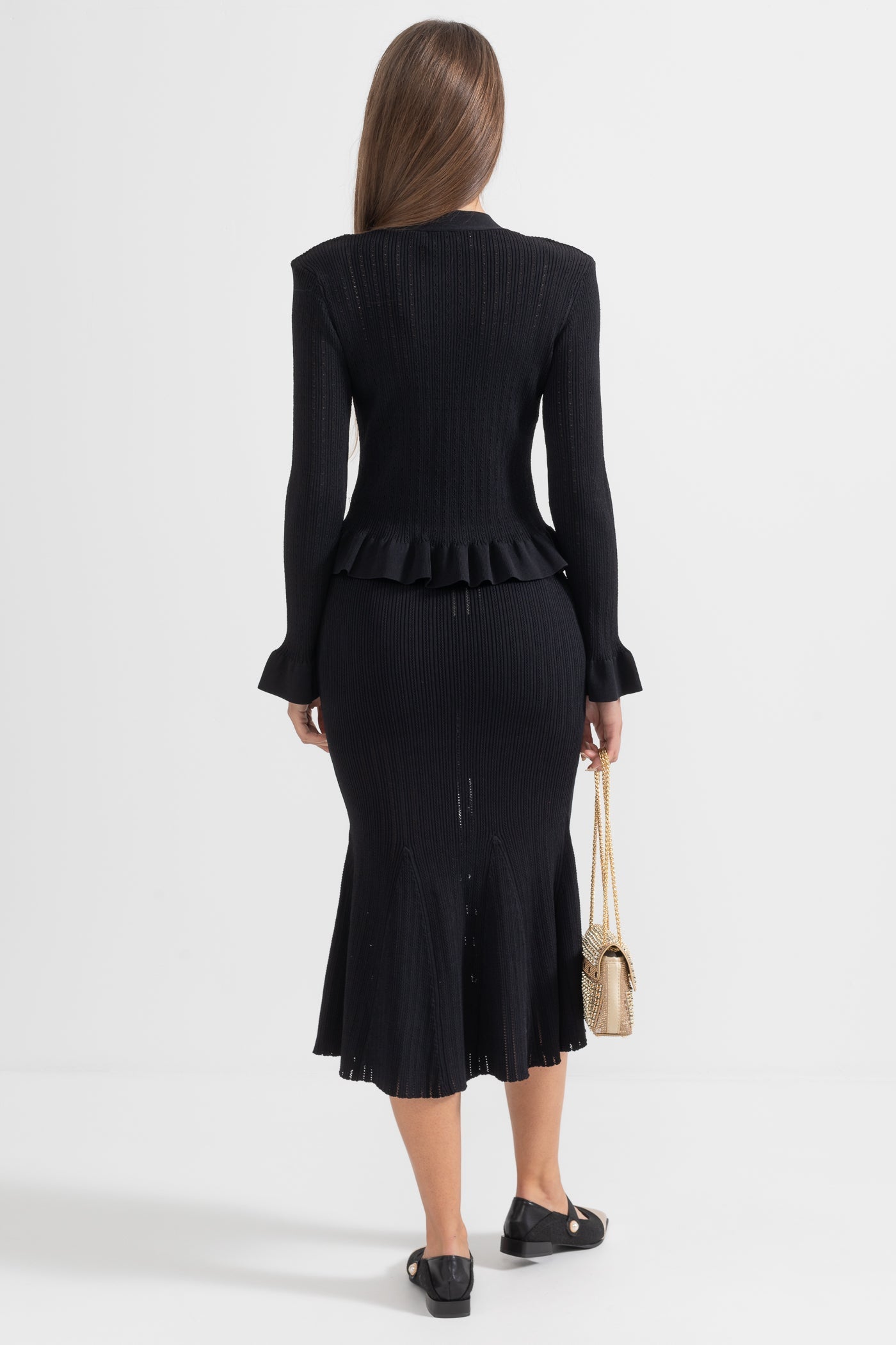 Conjunto de Malha com Casaco Riscado e Saia Larga - Preto