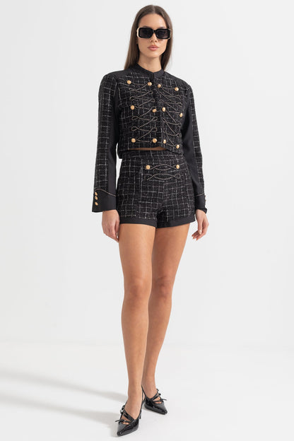 Conjunto de Tweed em Duas Peças com Padrão Quadrado e Detalhes Dourados - Preto