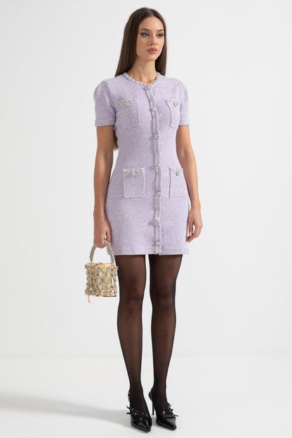 Vestido Mini Texturizado Com Bolsos Frontais - Roxo