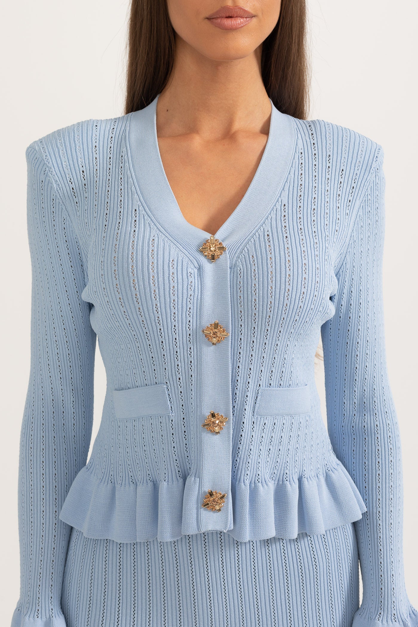 Conjunto de Malha com Casaco Rendido e Saia Larga - Azul Bebé