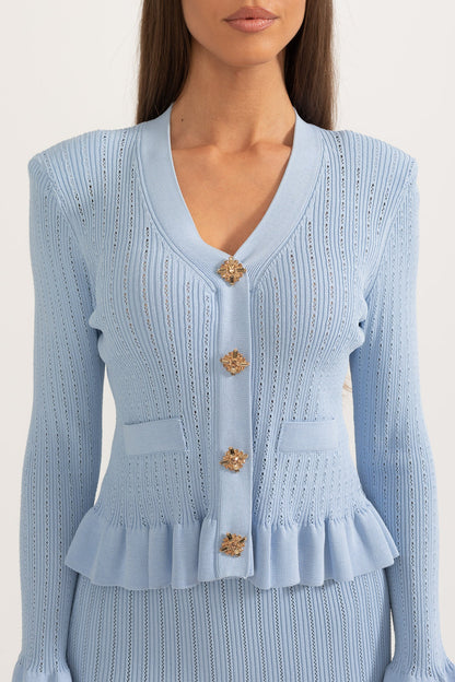 Conjunto de Malha com Casaco Rendido e Saia Larga - Azul Bebé