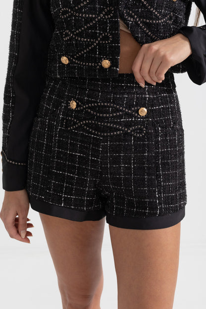 Conjunto de Tweed em Duas Peças com Padrão Quadrado e Detalhes Dourados - Preto