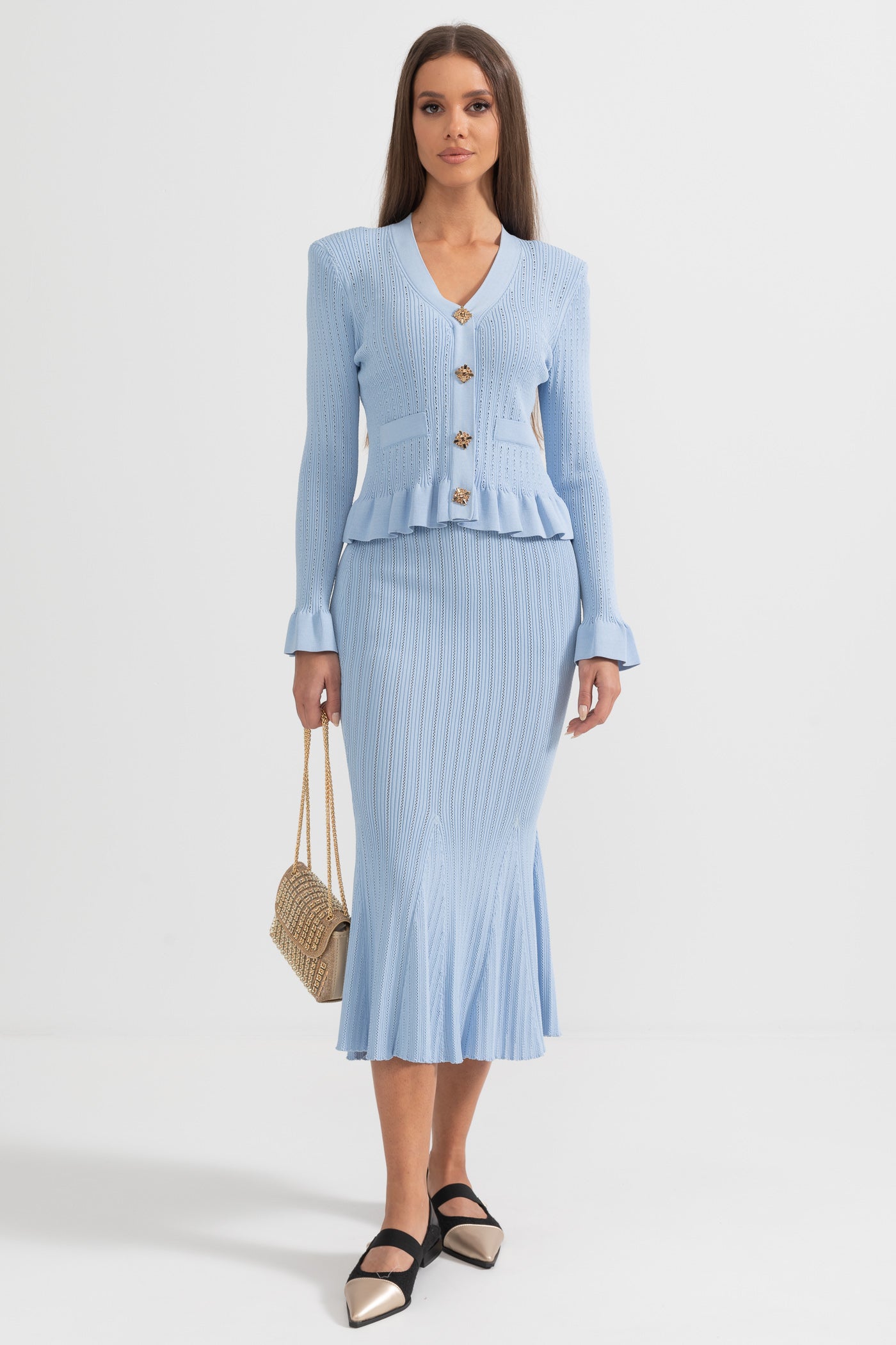 Conjunto de Malha com Casaco Rendido e Saia Larga - Azul Bebé
