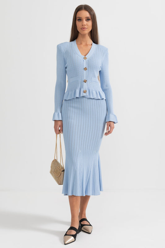 Conjunto de Malha com Casaco Rendido e Saia Larga - Azul Bebé