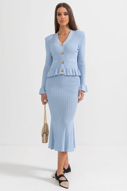 Conjunto de Malha com Casaco Rendido e Saia Larga - Azul Bebé