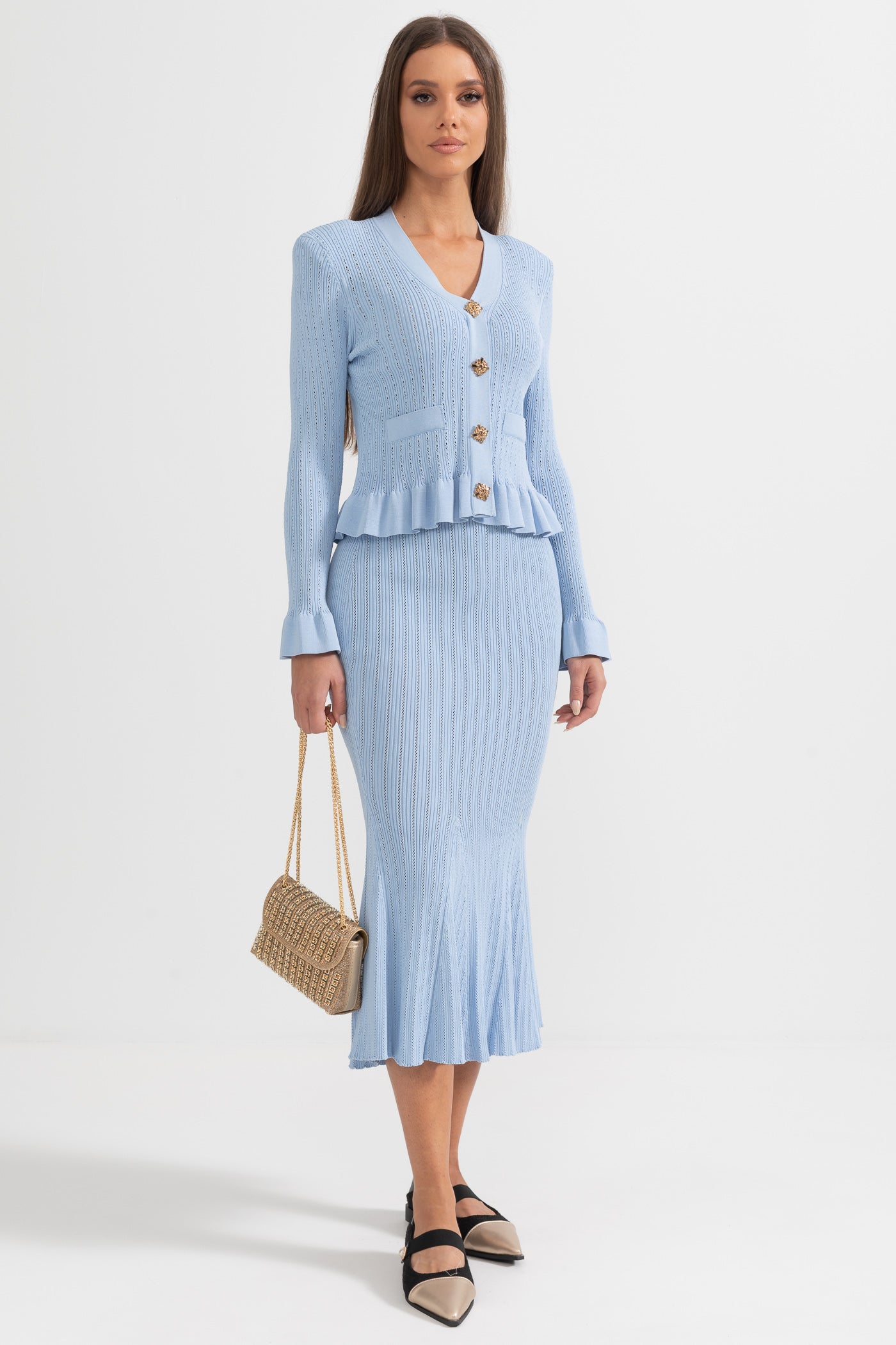 Conjunto de Malha com Casaco Rendido e Saia Larga - Azul Bebé