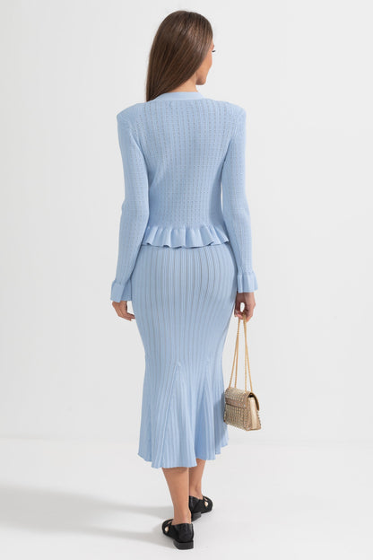 Conjunto de Malha com Casaco Rendido e Saia Larga - Azul Bebé