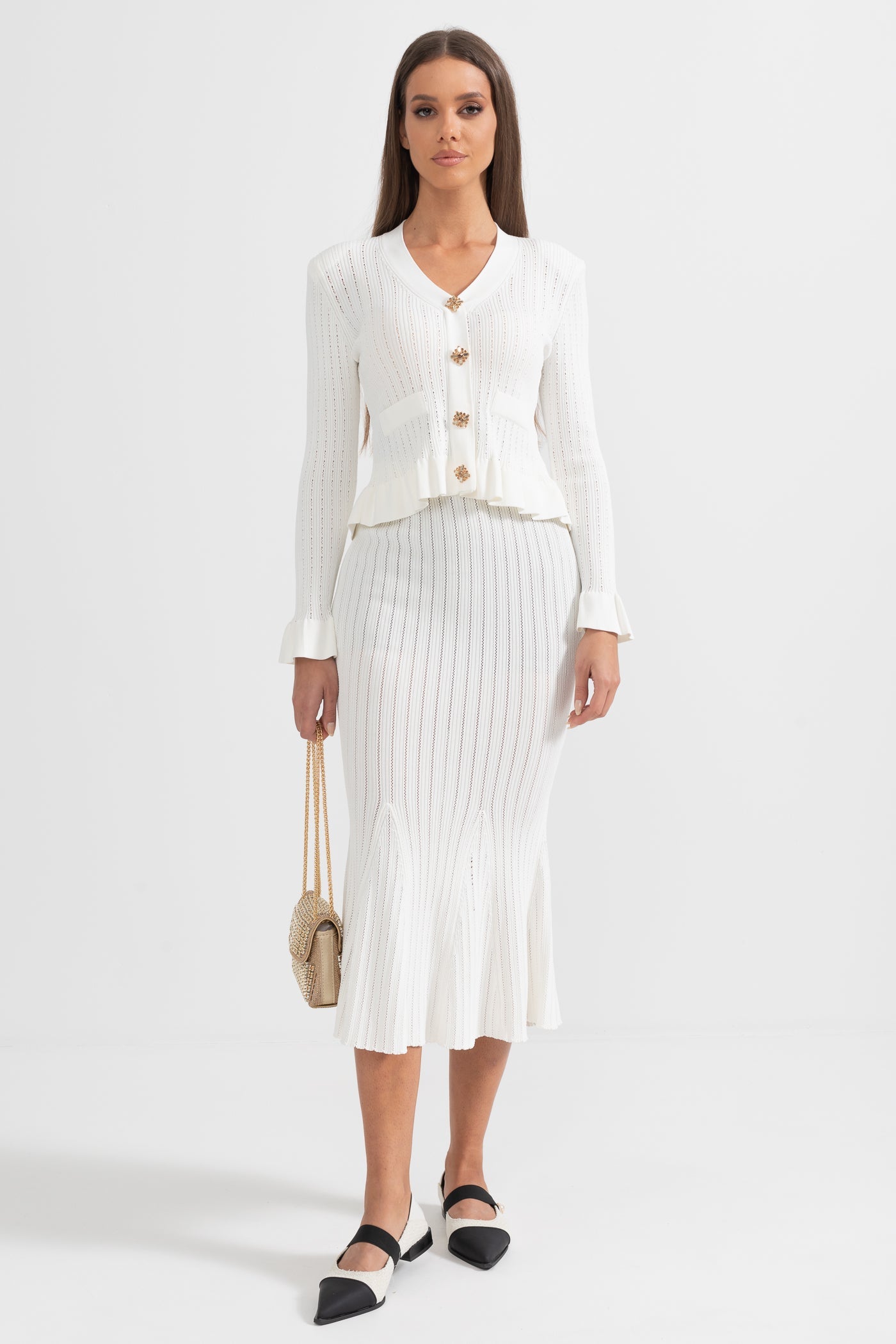 Conjunto de Malha com Casaco Volante e Saia Larga - Branco