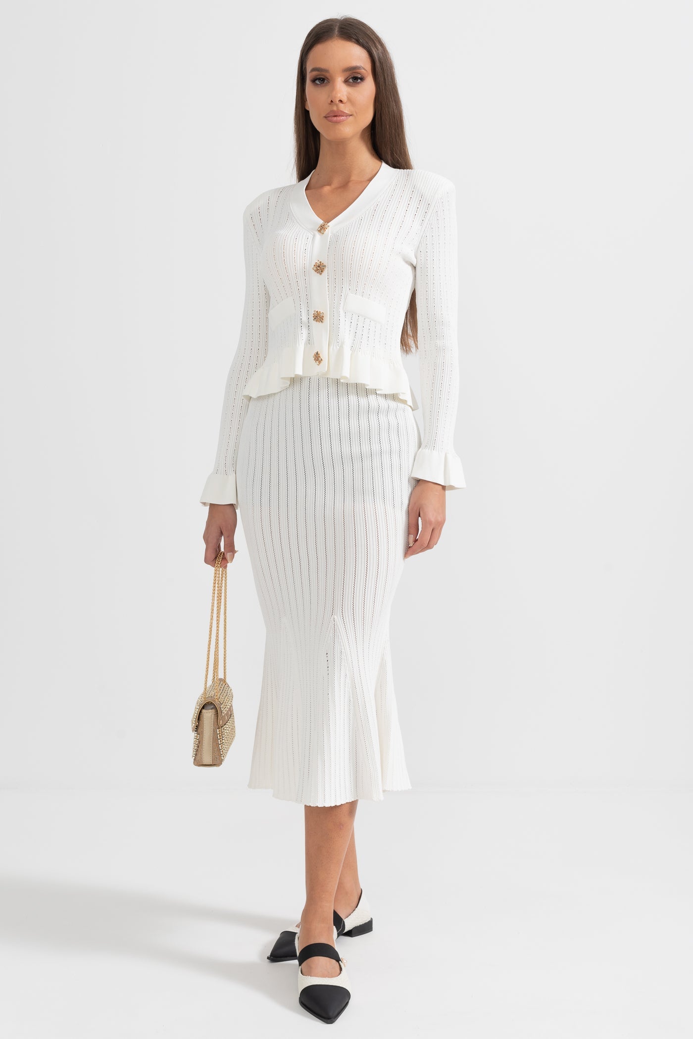 Conjunto de Malha com Casaco Volante e Saia Larga - Branco