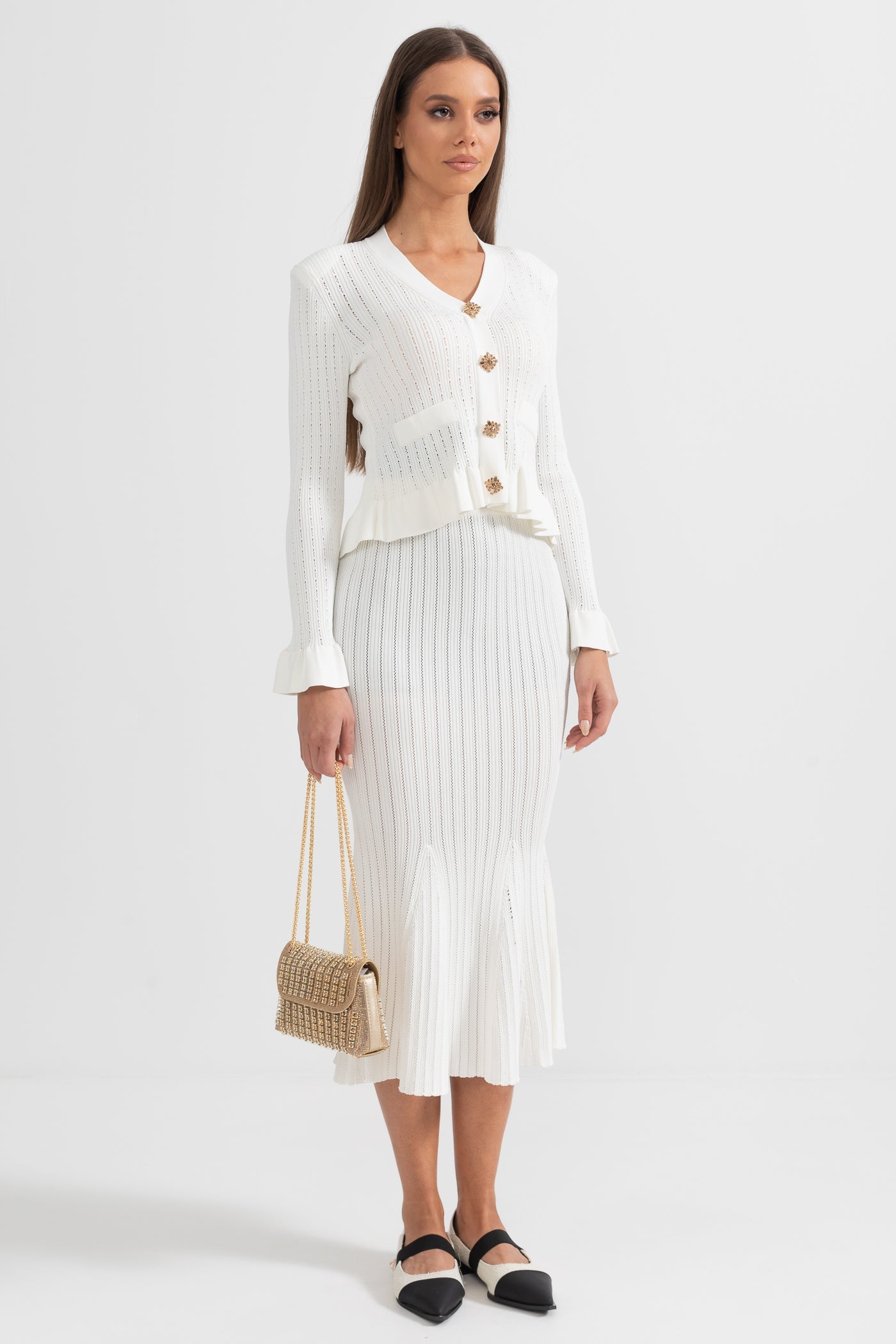 Conjunto de Malha com Casaco Volante e Saia Larga - Branco