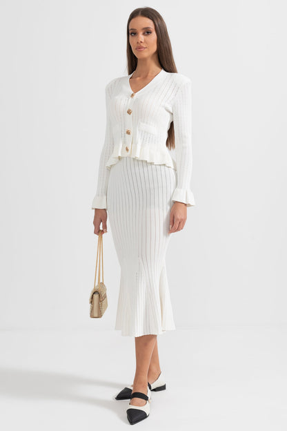 Conjunto de Malha com Casaco Volante e Saia Larga - Branco