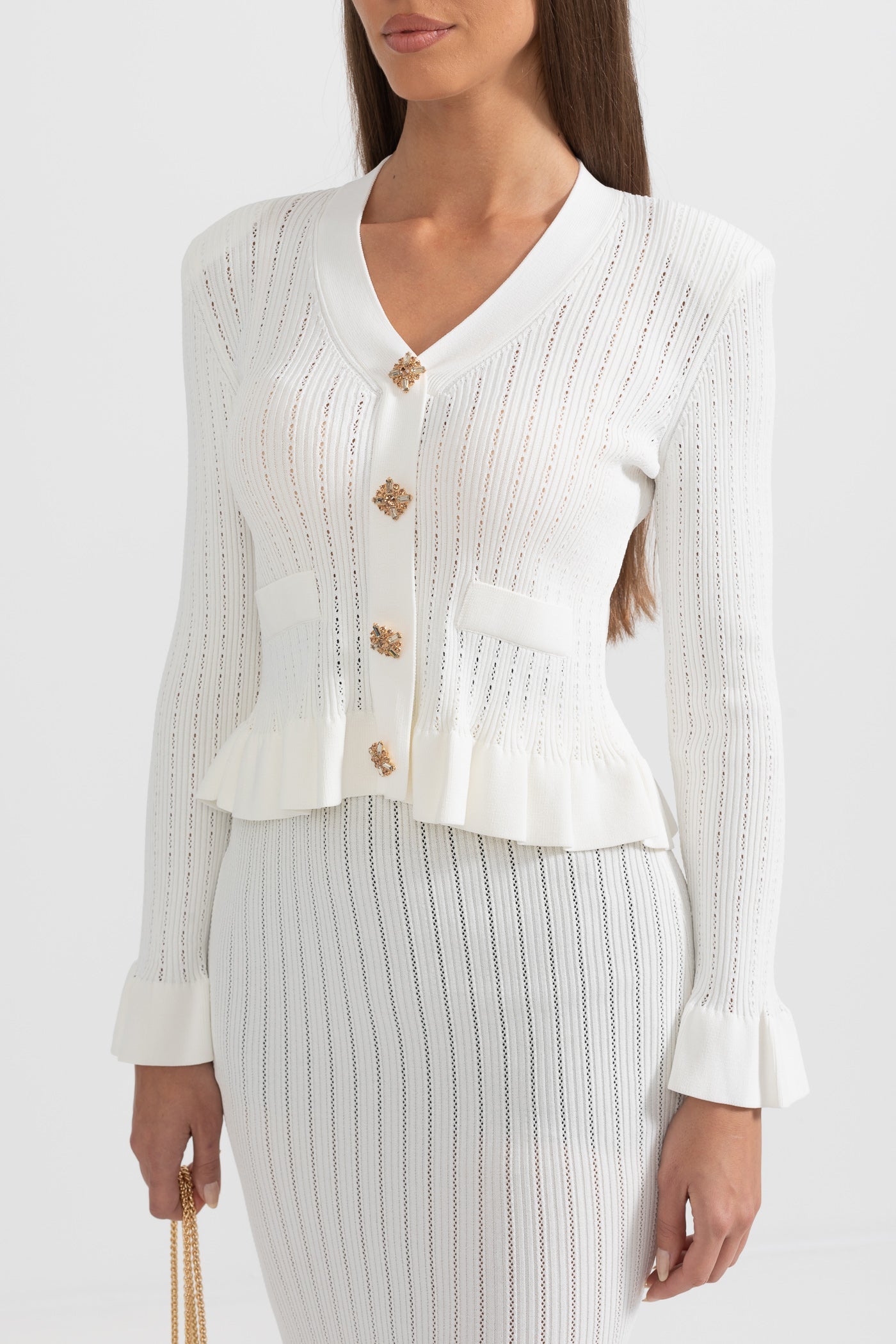 Conjunto de Malha com Casaco Volante e Saia Larga - Branco