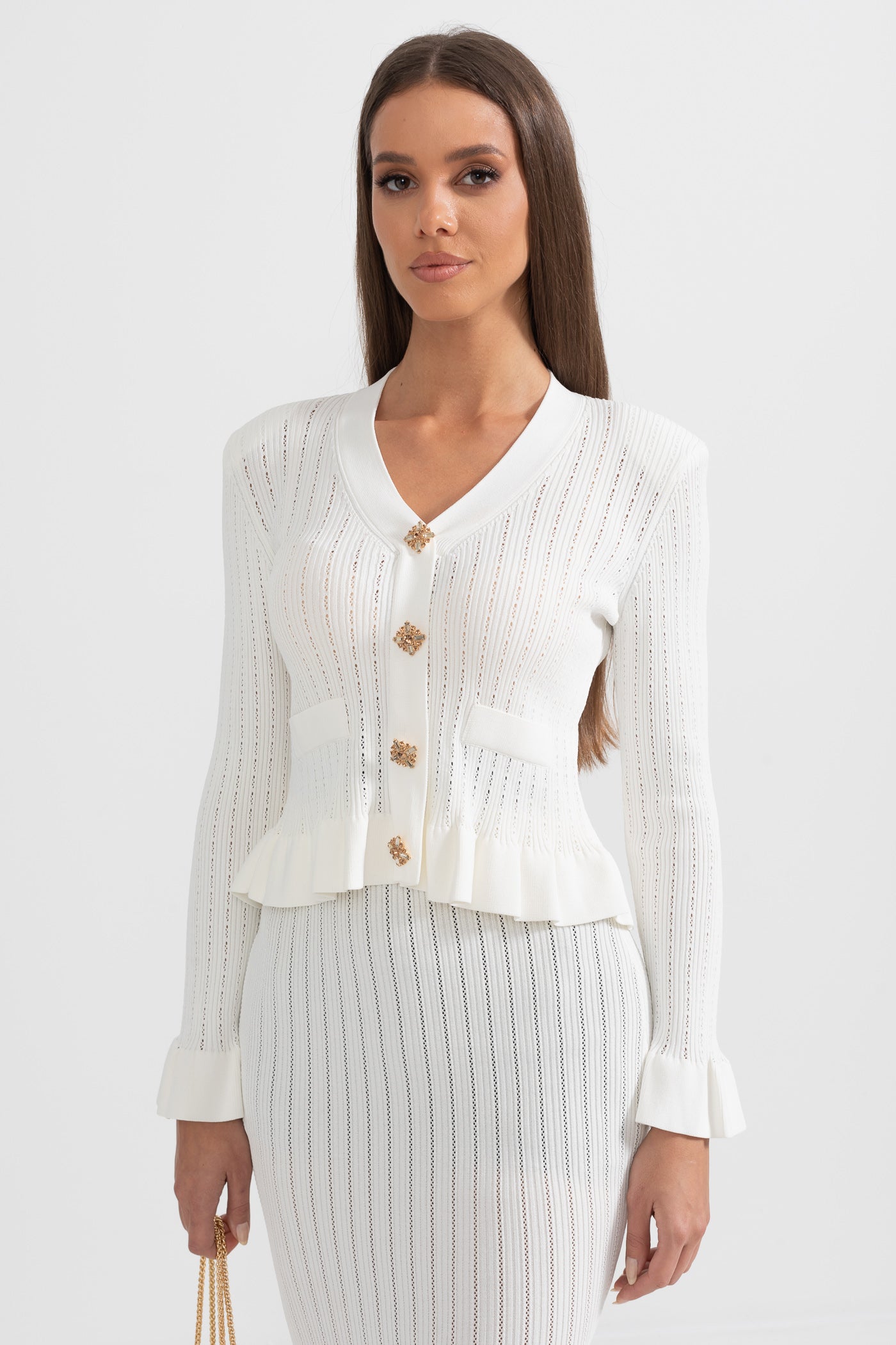 Conjunto de Malha com Casaco Volante e Saia Larga - Branco