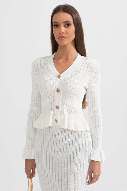 Conjunto de Malha com Casaco Volante e Saia Larga - Branco