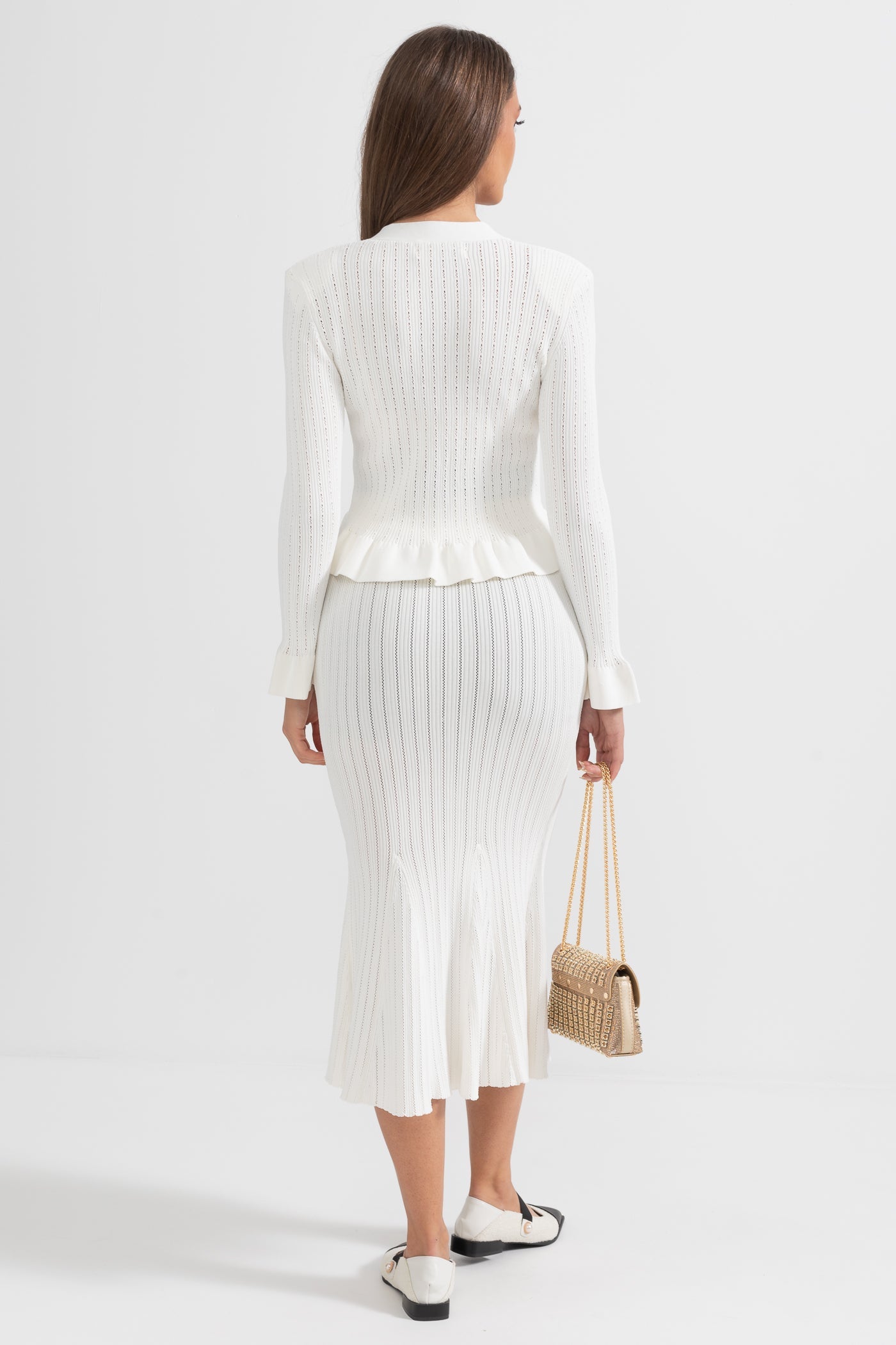 Conjunto de Malha com Casaco Volante e Saia Larga - Branco