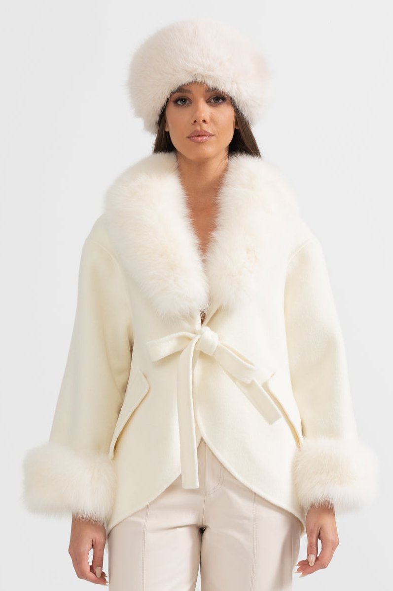 Casaco de Cashmere com Gola de Pelo de Raposa Oversized - Branco Sujo